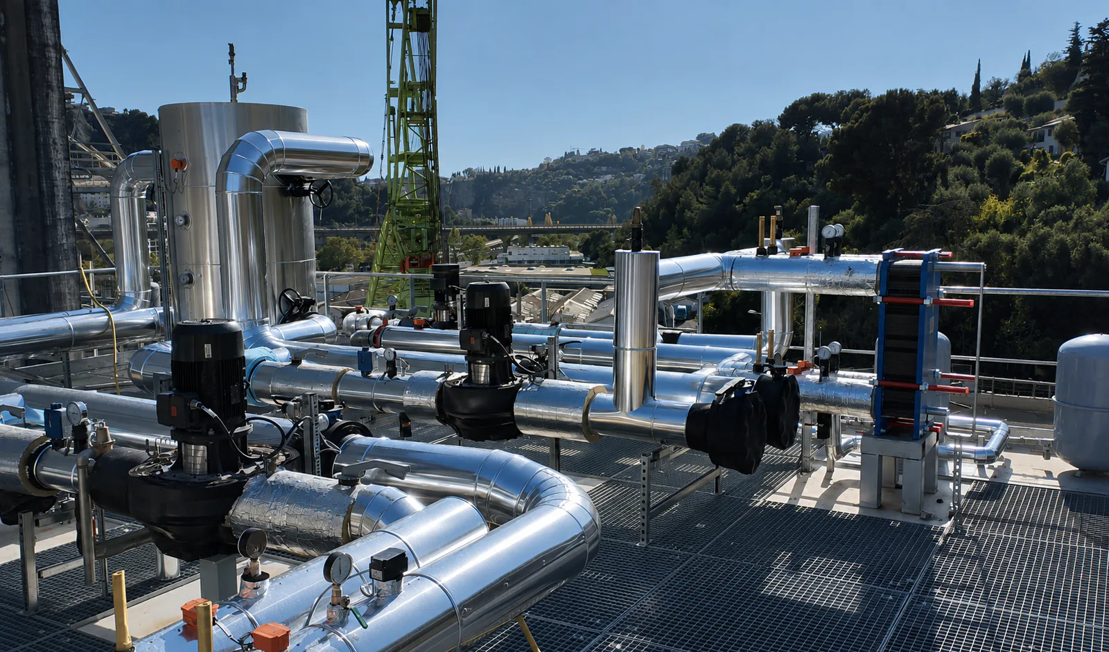 Metal pipe network in natural light.