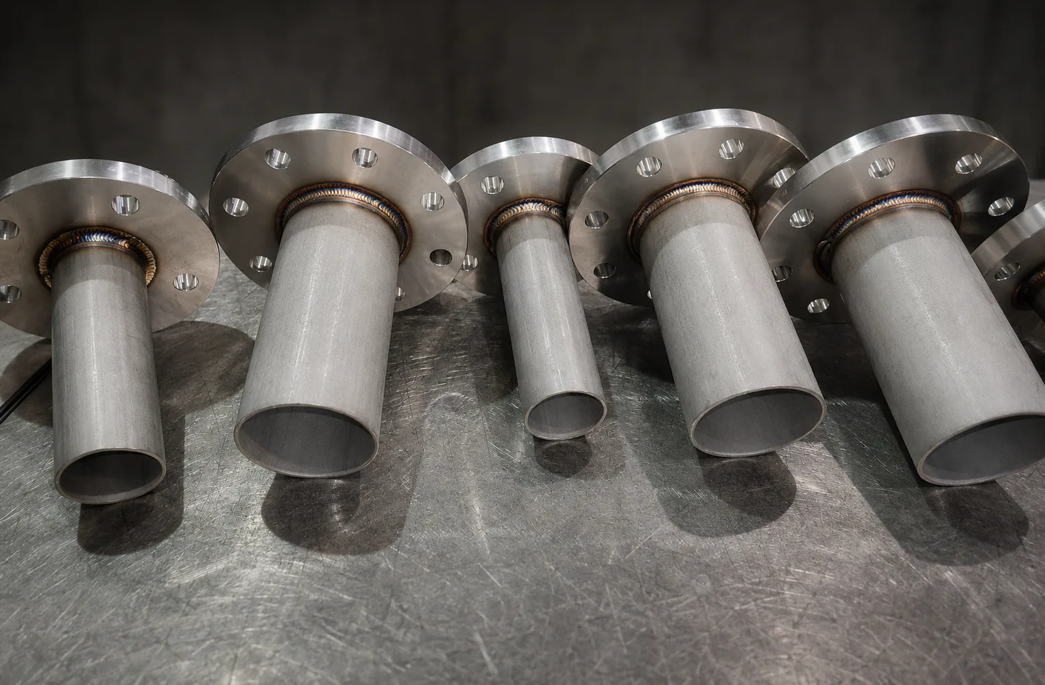 Set of flanged pipes on a workbench.