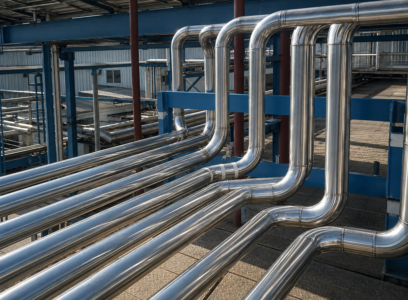 Polished metal pipe bends connected in parallel.