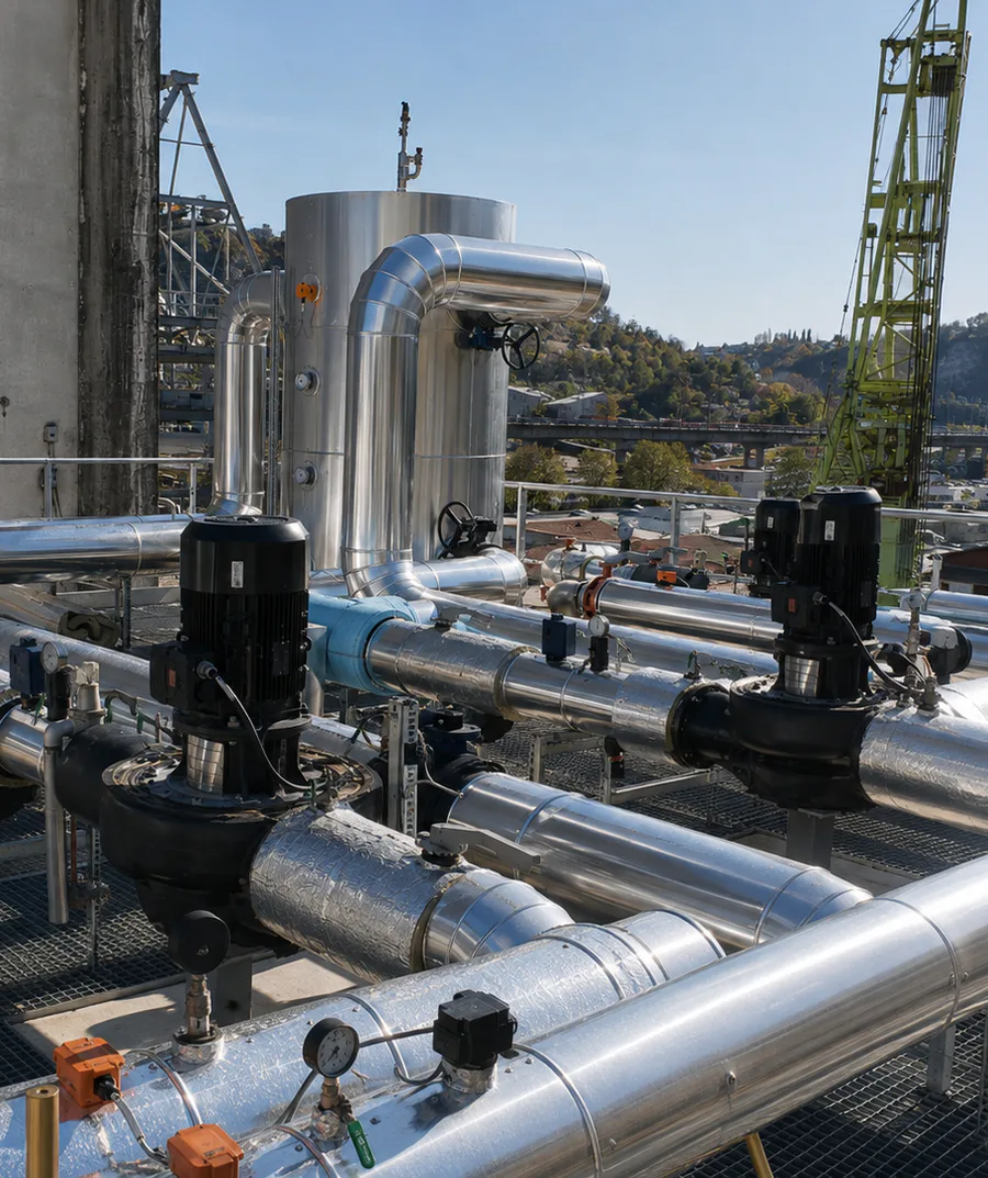 Pipework, pumps, and gauges in an outdoor assembly.