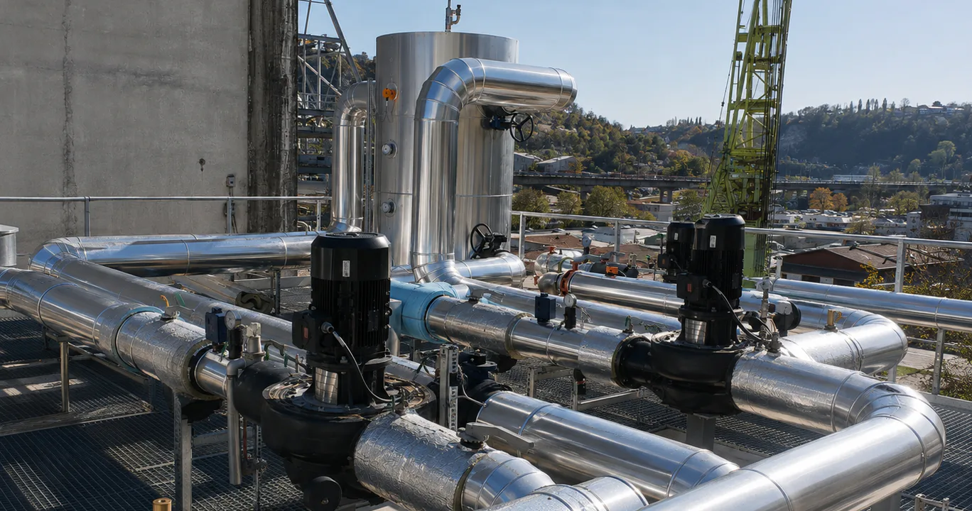 Pipework, pumps, and gauges in an outdoor assembly.