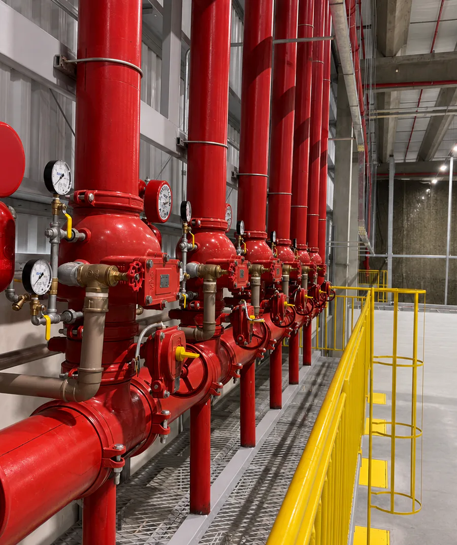 Red pipe network with valves and gauges.