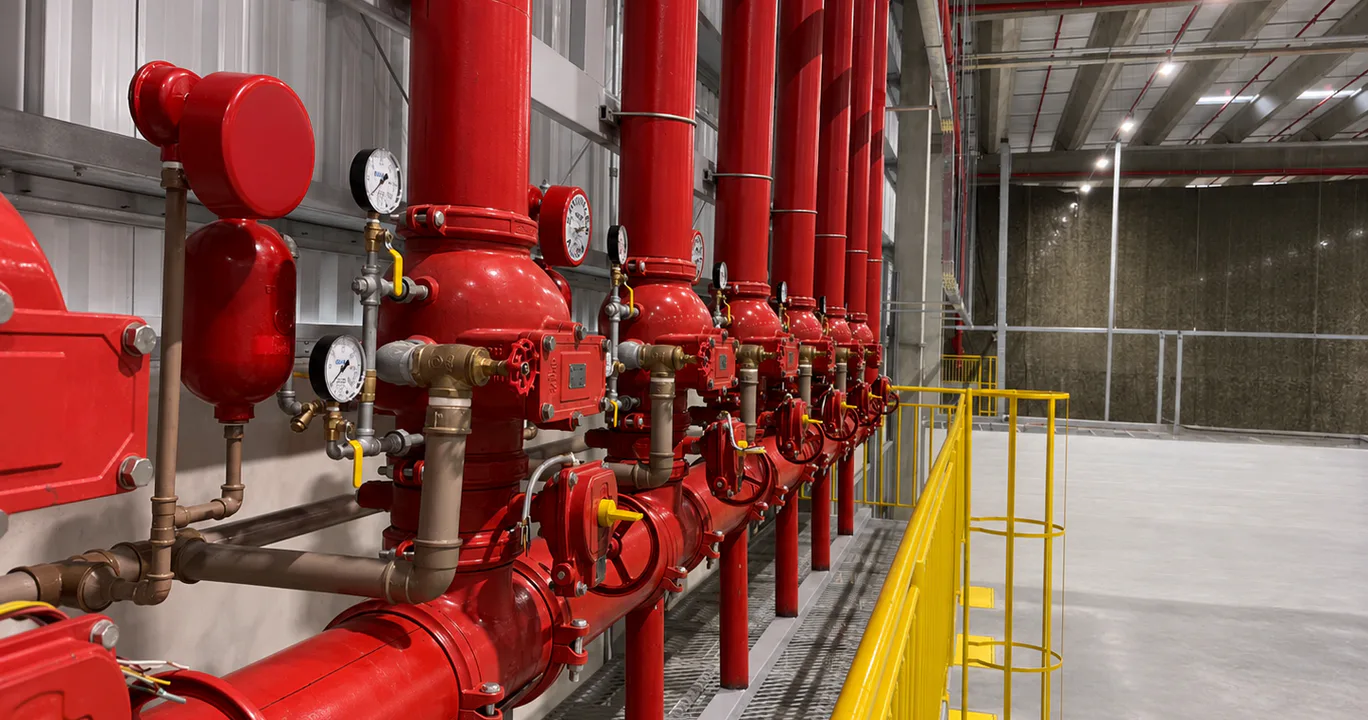 Red pipe network with valves and gauges.