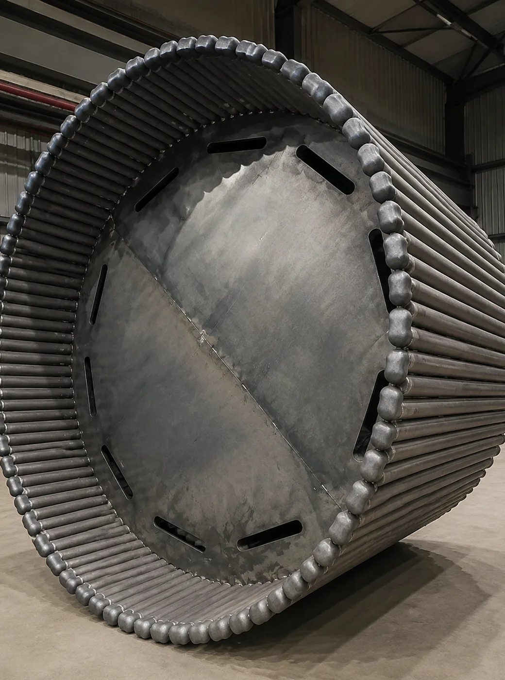 Large cylindrical assembly with ribs and internal slots in a workshop.
